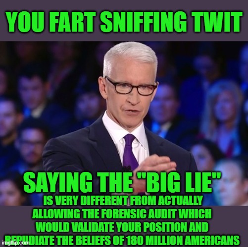 yep | YOU FART SNIFFING TWIT; SAYING THE "BIG LIE"; IS VERY DIFFERENT FROM ACTUALLY ALLOWING THE FORENSIC AUDIT WHICH WOULD VALIDATE YOUR POSITION AND REPUDIATE THE BELIEFS OF 180 MILLION AMERICANS | image tagged in democrats,fascism | made w/ Imgflip meme maker