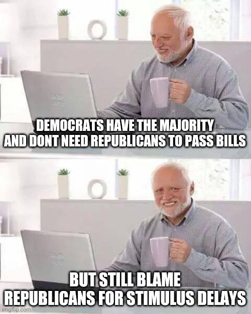 Politics and stuff | DEMOCRATS HAVE THE MAJORITY AND DONT NEED REPUBLICANS TO PASS BILLS; BUT STILL BLAME REPUBLICANS FOR STIMULUS DELAYS | image tagged in memes,hide the pain harold | made w/ Imgflip meme maker