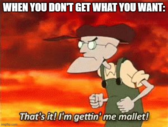 Not getting what you want. | WHEN YOU DON'T GET WHAT YOU WANT: | image tagged in mallet,courage the cowardly dog | made w/ Imgflip meme maker