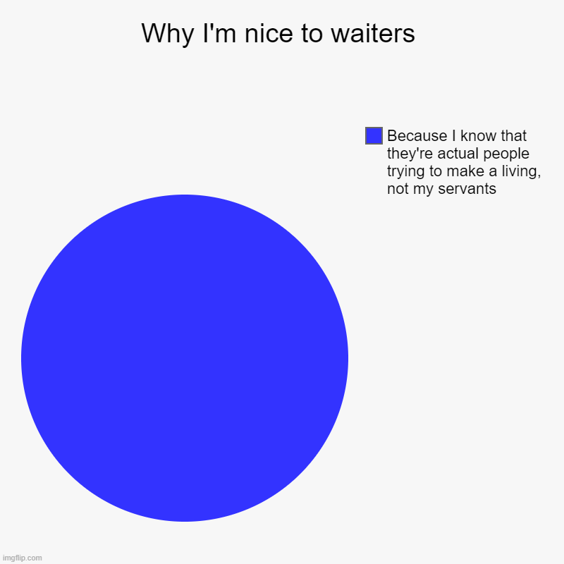 Why I'm Nice To Waiters | Why I'm nice to waiters | Because I know that they're actual people trying to make a living, not my servants | image tagged in charts,pie charts,wholesome,meme | made w/ Imgflip chart maker