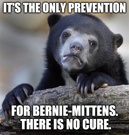 Confession Bear Meme | IT'S THE ONLY PREVENTION FOR BERNIE-MITTENS.  THERE IS NO CURE. | image tagged in memes,confession bear | made w/ Imgflip meme maker