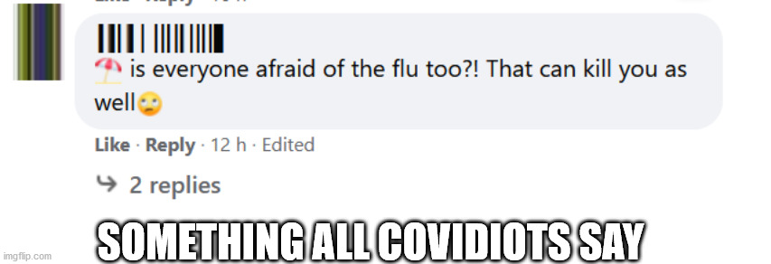Covidiot | SOMETHING ALL COVIDIOTS SAY | image tagged in covidiots,covid-19,flu | made w/ Imgflip meme maker