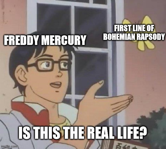 Is This A Pigeon | FIRST LINE OF BOHEMIAN RAPSODY; FREDDY MERCURY; IS THIS THE REAL LIFE? | image tagged in memes,is this a pigeon | made w/ Imgflip meme maker