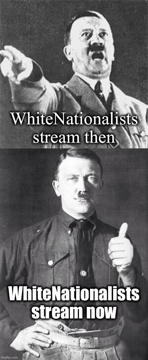 Hitler’s really mellowed out these past couple weeks. I like how he’s being self-deprecating, working on himself | WhiteNationalists stream then; WhiteNationalists stream now | image tagged in hitler | made w/ Imgflip meme maker
