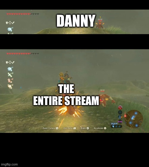 Bokoblin getting hit by a motorcycle | DANNY; THE ENTIRE STREAM | image tagged in bokoblin getting hit by a motorcycle | made w/ Imgflip meme maker