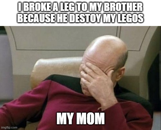 Justice | I BROKE A LEG TO MY BROTHER BECAUSE HE DESTOY MY LEGOS; MY MOM | image tagged in memes,captain picard facepalm,justice | made w/ Imgflip meme maker