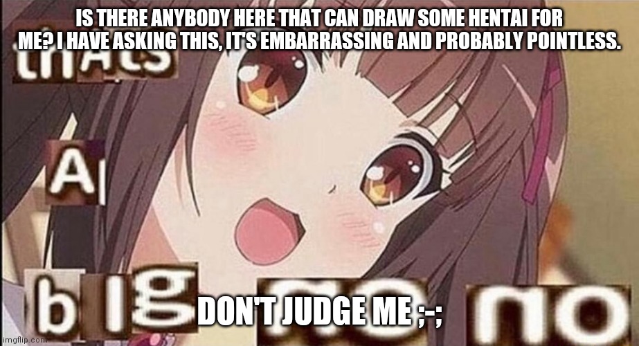 That's a big no no | IS THERE ANYBODY HERE THAT CAN DRAW SOME HENTAI FOR ME? I HAVE ASKING THIS, IT'S EMBARRASSING AND PROBABLY POINTLESS. DON'T JUDGE ME ;-; | image tagged in that's a big no no | made w/ Imgflip meme maker