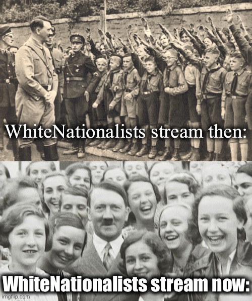 From Hitler Youth to Hitler just hanging out with the kids. | WhiteNationalists stream then:; WhiteNationalists stream now: | image tagged in hitler youth,hitler happy | made w/ Imgflip meme maker