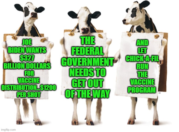 yep | AND LET CHICK-A-FIL RUN THE VACCINE PROGRAM; THE FEDERAL GOVERNMENT NEEDS TO GET OUT OF THE WAY; JOE BIDEN WANTS $327 BILLION DOLLARS; FOR VACCINE DISTRIBUTION...$1200 PER SHOT | image tagged in federal goverment,tits on a bull | made w/ Imgflip meme maker