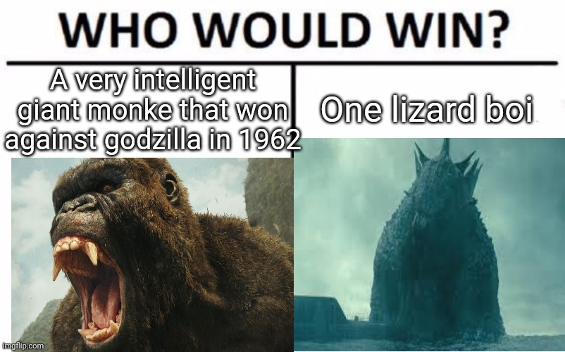 Godzilla vs. Kong | A very intelligent giant monke that won against godzilla in 1962; One lizard boi | image tagged in memes,who would win | made w/ Imgflip meme maker
