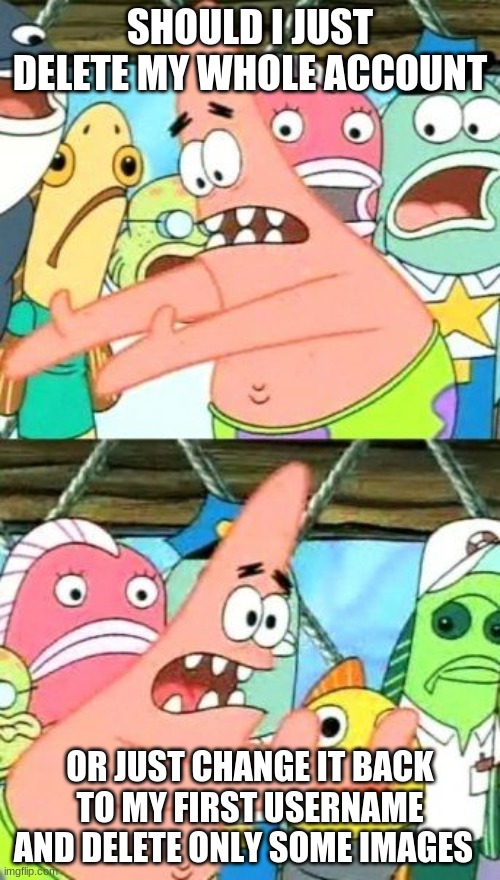 i think i will use the second one but idk | SHOULD I JUST DELETE MY WHOLE ACCOUNT; OR JUST CHANGE IT BACK TO MY FIRST USERNAME AND DELETE ONLY SOME IMAGES | image tagged in memes,put it somewhere else patrick | made w/ Imgflip meme maker