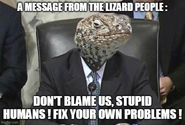 A MESSAGE FROM THE LIZARD PEOPLE :; DON'T BLAME US, STUPID HUMANS ! FIX YOUR OWN PROBLEMS ! | image tagged in lizards | made w/ Imgflip meme maker