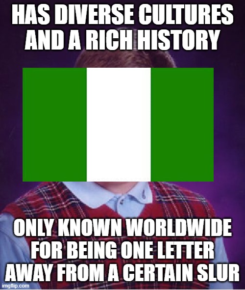 No Luck Niger | HAS DIVERSE CULTURES AND A RICH HISTORY; ONLY KNOWN WORLDWIDE FOR BEING ONE LETTER AWAY FROM A CERTAIN SLUR | image tagged in memes,bad luck brian,niger,n word,funny memes | made w/ Imgflip meme maker
