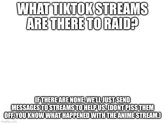 Blank White Template | WHAT TIKTOK STREAMS ARE THERE TO RAID? IF THERE ARE NONE, WE’LL JUST SEND MESSAGES TO STREAMS TO HELP US. (DONT PISS THEM OFF, YOU KNOW WHAT HAPPENED WITH THE ANIME STREAM.) | image tagged in blank white template | made w/ Imgflip meme maker