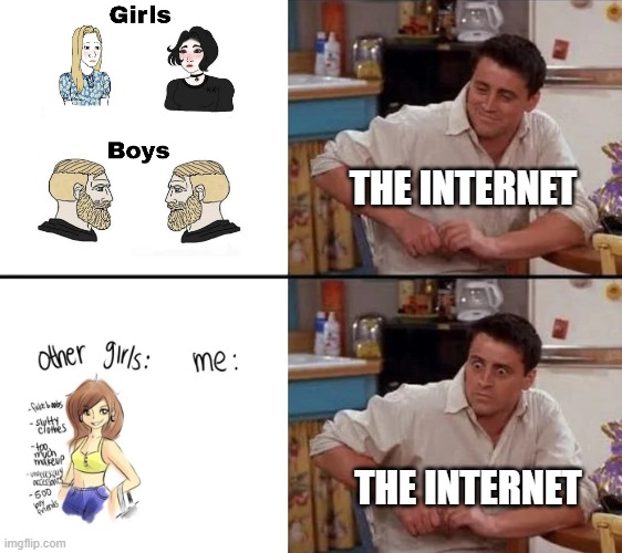 They're the same picture | THE INTERNET; THE INTERNET | image tagged in surprised joey,girls vs boys,other,girls,boys vs girls,vs | made w/ Imgflip meme maker