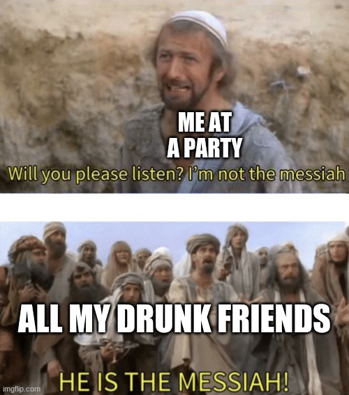 HE IS THE MESIAH | ME AT A PARTY; ALL MY DRUNK FRIENDS | image tagged in he is the mesiah | made w/ Imgflip meme maker