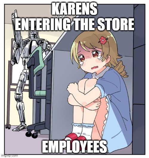 when karens enter the store | KARENS ENTERING THE STORE; EMPLOYEES | image tagged in terminator girl | made w/ Imgflip meme maker
