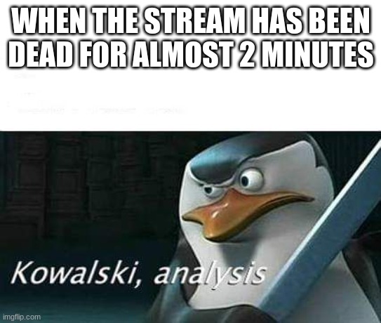 kowalski, analysis | WHEN THE STREAM HAS BEEN DEAD FOR ALMOST 2 MINUTES | image tagged in kowalski analysis | made w/ Imgflip meme maker