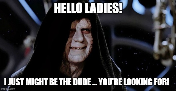 Palpatine Flirts! | HELLO LADIES! I JUST MIGHT BE THE DUDE ... YOU'RE LOOKING FOR! | image tagged in emperor palpatine,palpatine,flirty,the ladies man,single ladies,dating | made w/ Imgflip meme maker