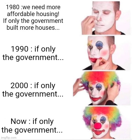Clown Applying Makeup Meme | 1980 :we need more affordable housing! If only the government built more houses... 1990 : if only the government... 2000 : if only the government... Now : if only the government... | image tagged in memes,clown applying makeup | made w/ Imgflip meme maker