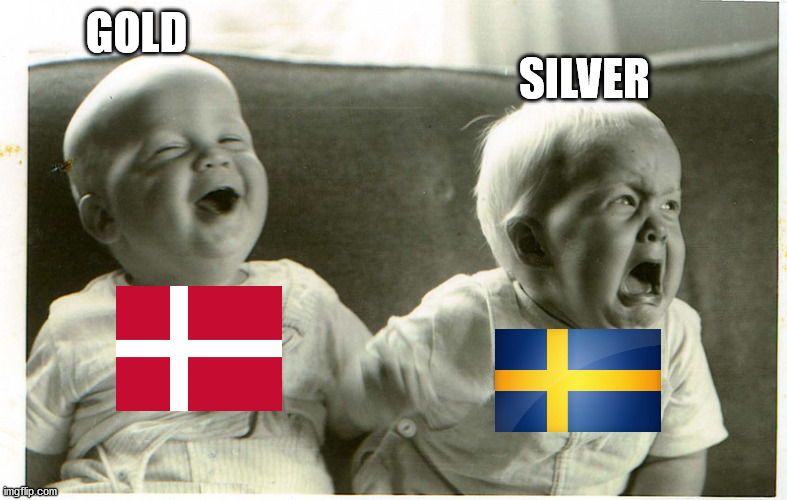 Handball World Championships | GOLD; SILVER | image tagged in baby laughing baby crying,denmark,sweden,handball | made w/ Imgflip meme maker