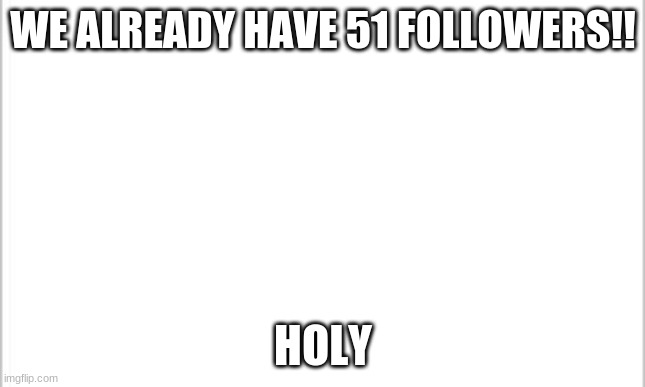 HOLY | WE ALREADY HAVE 51 FOLLOWERS!! HOLY | image tagged in white background | made w/ Imgflip meme maker