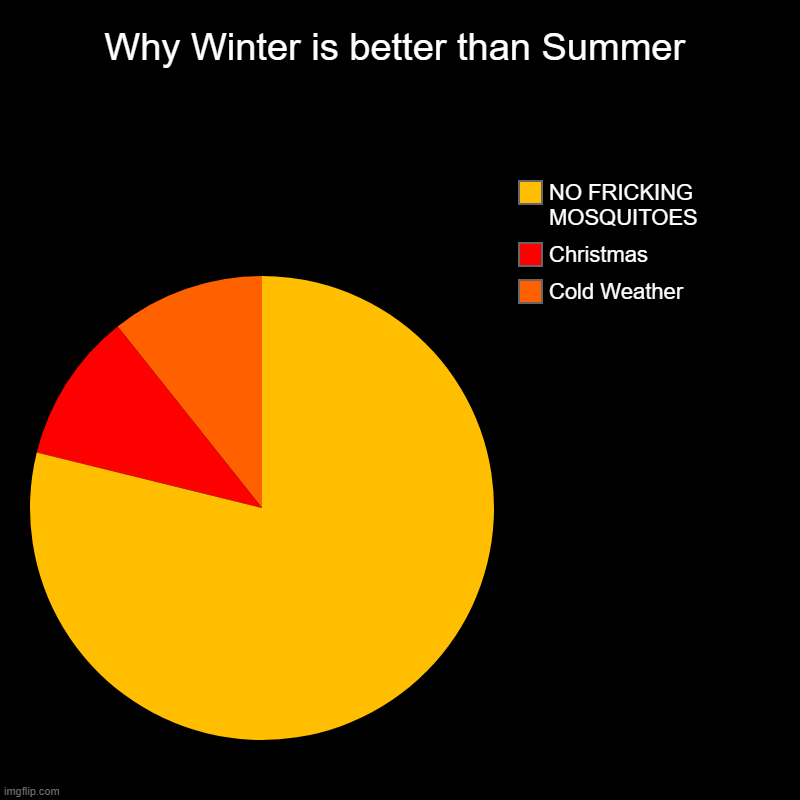 Why Winter is better than Summer | Cold Weather, Christmas, NO FRICKING MOSQUITOES | image tagged in charts,pie charts | made w/ Imgflip chart maker