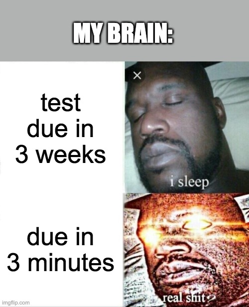 test | MY BRAIN:; test due in 3 weeks; due in 3 minutes | image tagged in memes,sleeping shaq,test,school | made w/ Imgflip meme maker