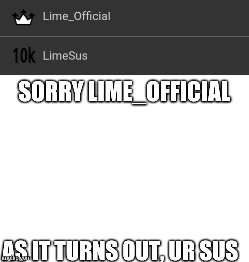 Found this in my memechat | SORRY LIME_OFFICIAL; AS IT TURNS OUT, UR SUS | image tagged in blank white template | made w/ Imgflip meme maker