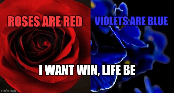 Bruhify | VIOLETS ARE BLUE; ROSES ARE RED; I WANT WIN, LIFE BE | image tagged in roses are red violets are blue | made w/ Imgflip meme maker