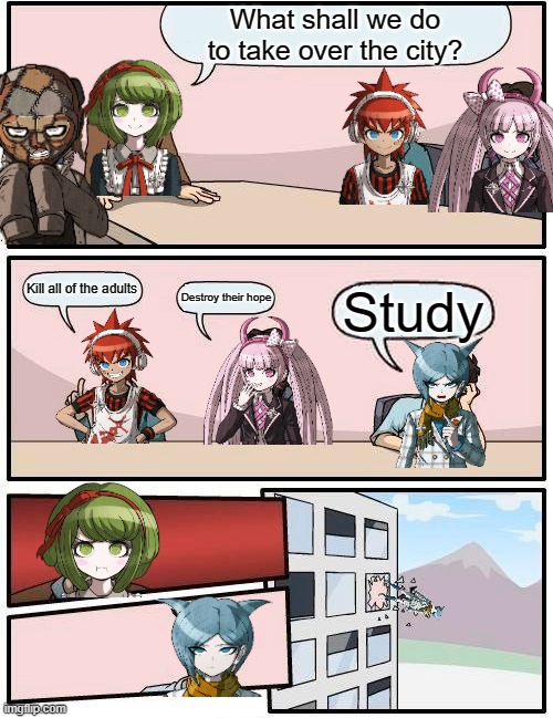 Warriors of hope meeting | What shall we do to take over the city? Kill all of the adults; Destroy their hope; Study | image tagged in memes,boardroom meeting suggestion,danganronpa | made w/ Imgflip meme maker