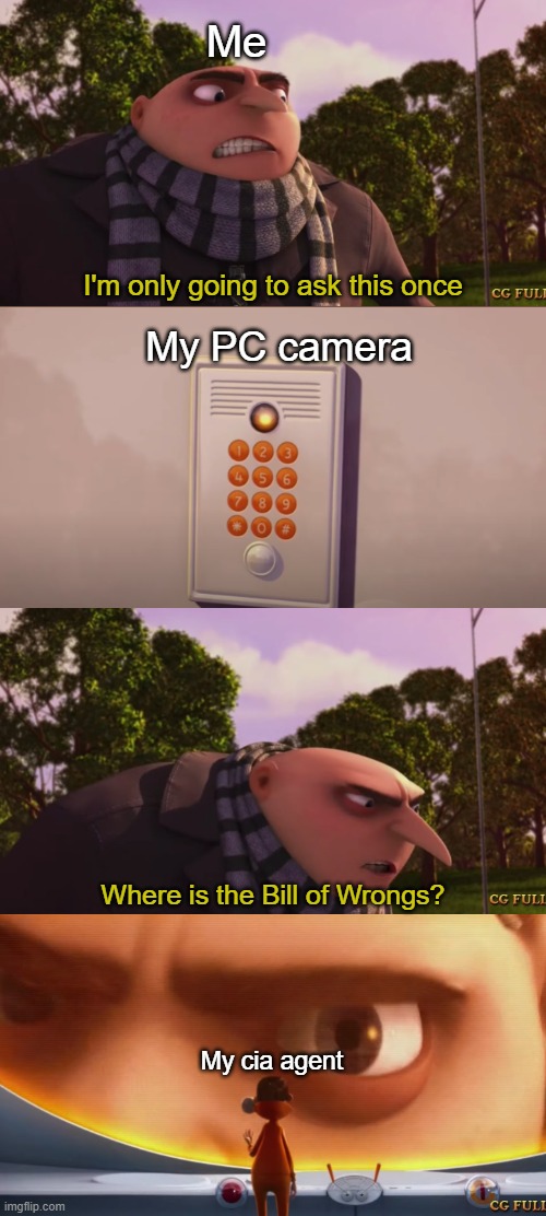 You can't hide forever | Me; My PC camera; I'm only going to ask this once | image tagged in despicable me,gru,bill of wrongs | made w/ Imgflip meme maker