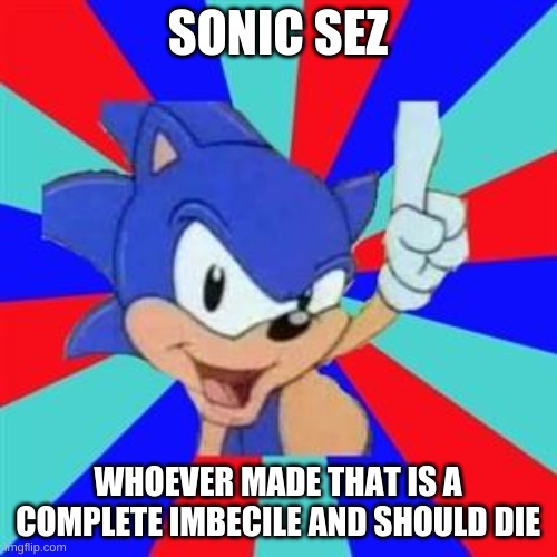 Sonic sez | SONIC SEZ WHOEVER MADE THAT IS A COMPLETE IMBECILE AND SHOULD DIE | image tagged in sonic sez | made w/ Imgflip meme maker