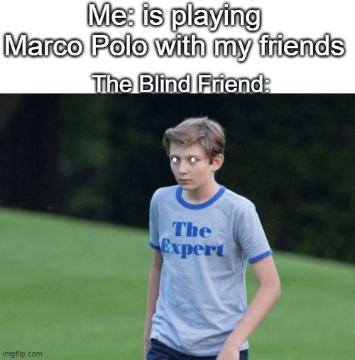 Blind Kid = BOSS at marco polo | Me: is playing Marco Polo with my friends; The Blind Friend: | image tagged in the expert | made w/ Imgflip meme maker