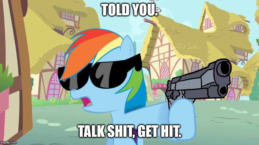 told you | TOLD YOU. TALK SHIT, GET HIT. | image tagged in rainbow dash say that again,funny,memes,karma | made w/ Imgflip meme maker