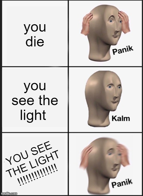 Panik Kalm Panik | you die; you see the light; YOU SEE THE LIGHT !!!!!!!!!!!!!! | image tagged in memes,panik kalm panik | made w/ Imgflip meme maker