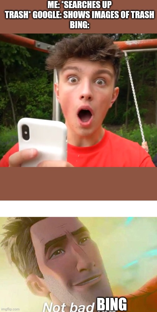 It shows up a pic of morgz so ill allow it | ME: *SEARCHES UP TRASH* GOOGLE: SHOWS IMAGES OF TRASH
BING:; BING | image tagged in morgz is an idiot,not bad kid | made w/ Imgflip meme maker