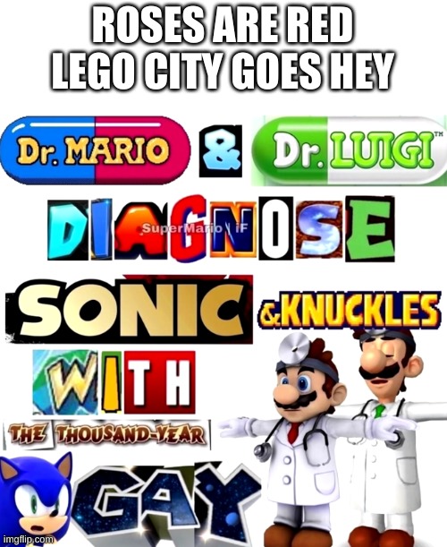 more poetry | ROSES ARE RED
LEGO CITY GOES HEY | image tagged in memes,funny,mario,luigi,sonic the hedgehog,gay | made w/ Imgflip meme maker