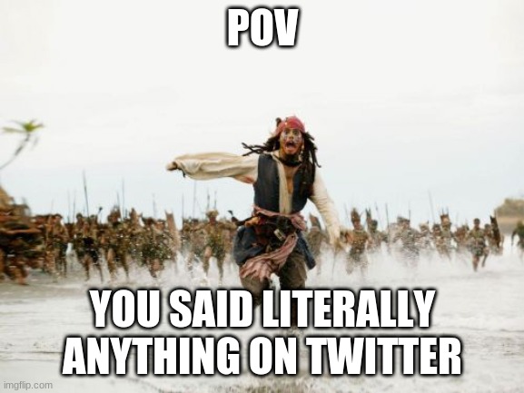Jack Sparrow Being Chased Meme | POV; YOU SAID LITERALLY ANYTHING ON TWITTER | image tagged in memes,jack sparrow being chased,twitter | made w/ Imgflip meme maker