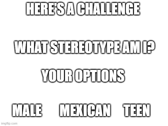 am I a stereotype? | HERE'S A CHALLENGE; WHAT STEREOTYPE AM I? YOUR OPTIONS; MALE       MEXICAN     TEEN | image tagged in blank white template | made w/ Imgflip meme maker