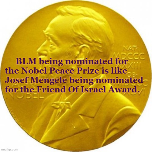 Nobel peace prize | BLM being nominated for


the Nobel Peace Prize is like
Josef Mengele being nominated

for the Friend Of Israel Award. | image tagged in nobel peace prize,politics | made w/ Imgflip meme maker