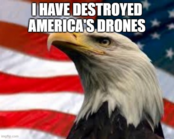 I HAVE DESTROYED AMERICA'S DRONES | image tagged in murica patriotic eagle | made w/ Imgflip meme maker