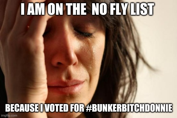 NoFly | I AM ON THE  NO FLY LIST; BECAUSE I VOTED FOR #BUNKERBITCHDONNIE | image tagged in memes,first world problems | made w/ Imgflip meme maker
