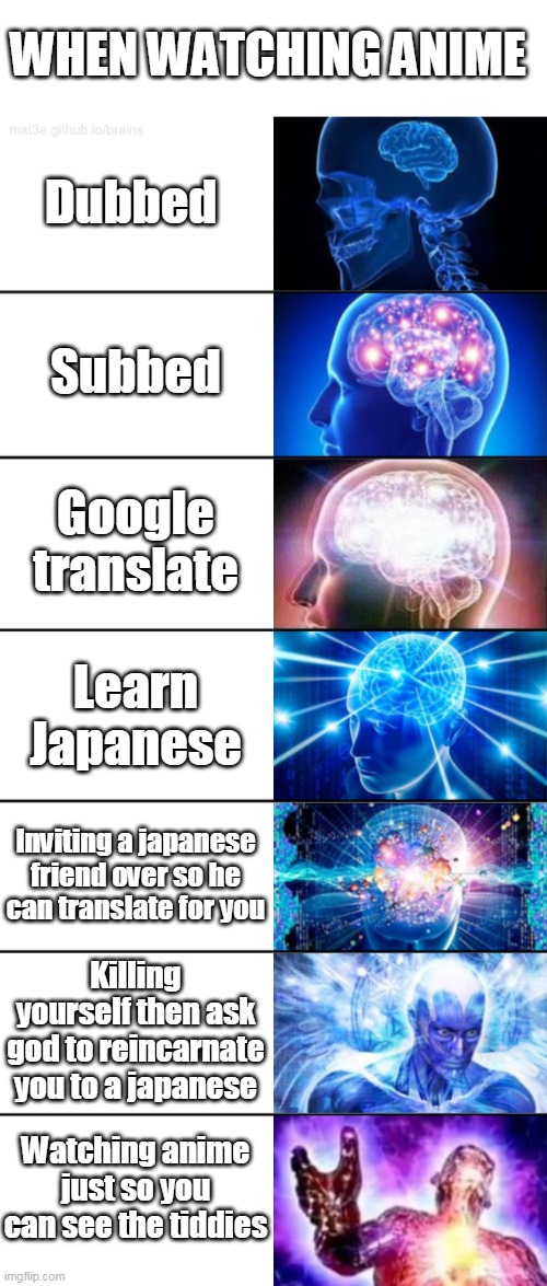 me when watching anime | WHEN WATCHING ANIME; Dubbed; Subbed; Google translate; Learn Japanese; Inviting a japanese friend over so he can translate for you; Killing yourself then ask god to reincarnate you to a japanese; Watching anime just so you can see the tiddies | image tagged in 7-tier expanding brain | made w/ Imgflip meme maker