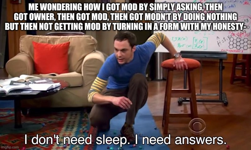 If this counts as begging im smacking you | ME WONDERING HOW I GOT MOD BY SIMPLY ASKING, THEN GOT OWNER, THEN GOT MOD, THEN GOT MODN'T BY DOING NOTHING BUT THEN NOT GETTING MOD BY TURNING IN A FORM WITH MY HONESTY- | image tagged in i don't need sleep i need answers | made w/ Imgflip meme maker