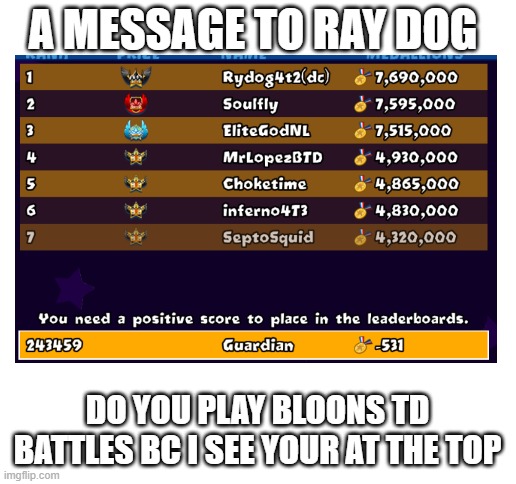 COmment me I cant comment | A MESSAGE TO RAY DOG; DO YOU PLAY BLOONS TD BATTLES BC I SEE YOUR AT THE TOP | image tagged in blank white template | made w/ Imgflip meme maker