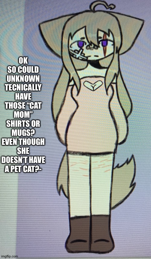 Cause she’s a cat- and a mom- | OK SO COULD UNKNOWN TECNICALLY HAVE THOSE “CAT MOM” SHIRTS OR MUGS? EVEN THOUGH SHE DOESN’T HAVE A PET CAT?- | made w/ Imgflip meme maker