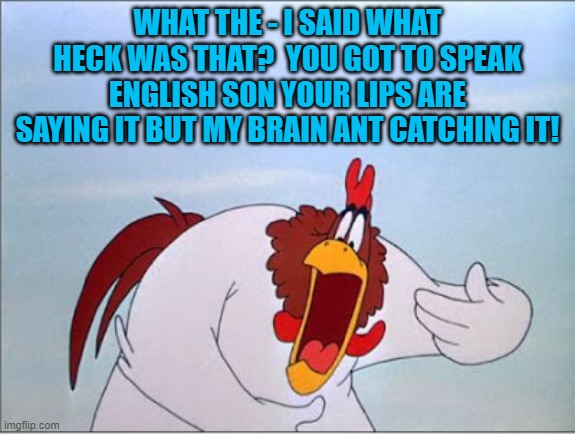 foghorn | WHAT THE - I SAID WHAT HECK WAS THAT?  YOU GOT TO SPEAK ENGLISH SON YOUR LIPS ARE SAYING IT BUT MY BRAIN ANT CATCHING IT! | image tagged in foghorn | made w/ Imgflip meme maker