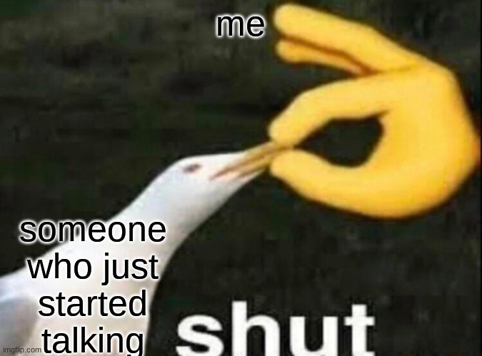 S H U T | me; someone who just started talking | image tagged in shut | made w/ Imgflip meme maker
