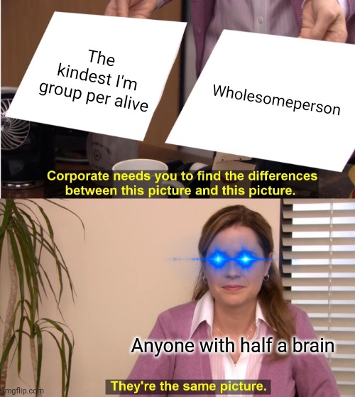 They're The Same Picture Meme | The kindest I'm group per alive; Wholesomeperson; Anyone with half a brain | image tagged in memes,they're the same picture | made w/ Imgflip meme maker
